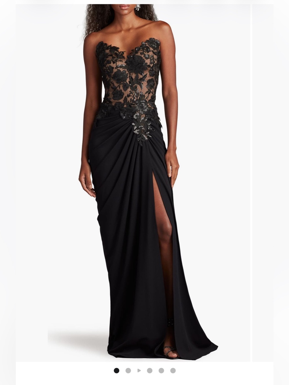 Tadashi Shoji Black Lace Bodice Strapless Evening Gown with High Slit